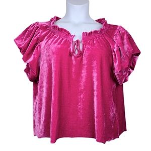 Free People Womens Terese Puff Sleeve Pink Velvet Top Size L